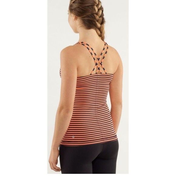 Lululemon Free To Be Tank Top Size 4 Orange‎ Navy Stripes Shelf Bra Luon - Picture 2 of 8